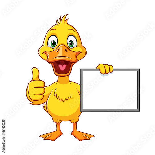 Cartoon duck holding blank sign cheerful mascot character giving thumbs up high quality professional