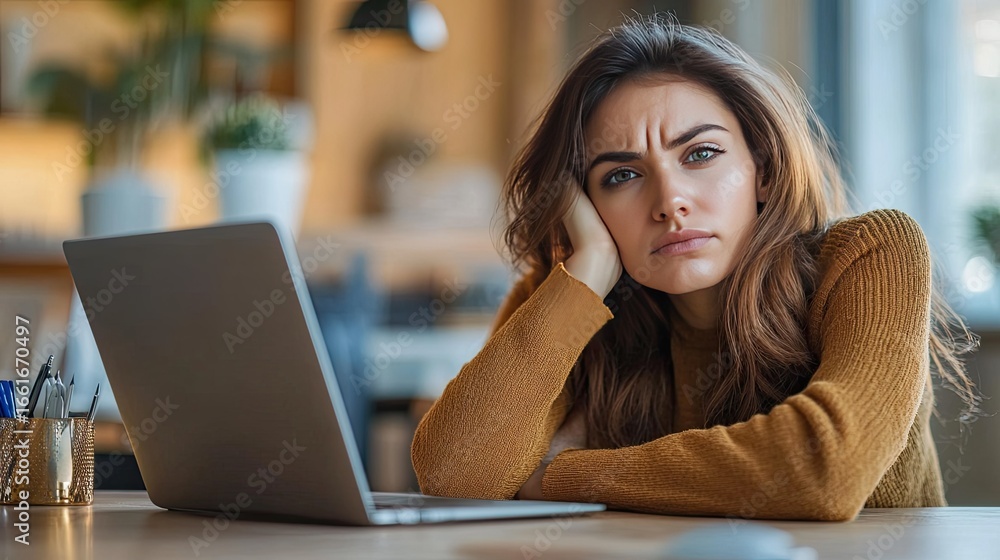 Naklejka premium Unmotivated woman freelancer leaning on desk, procrastinating instead of working on laptop, dealing with work frustration
