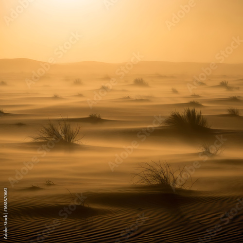 Golden desert landscape with sand dunes and warm sunlight.