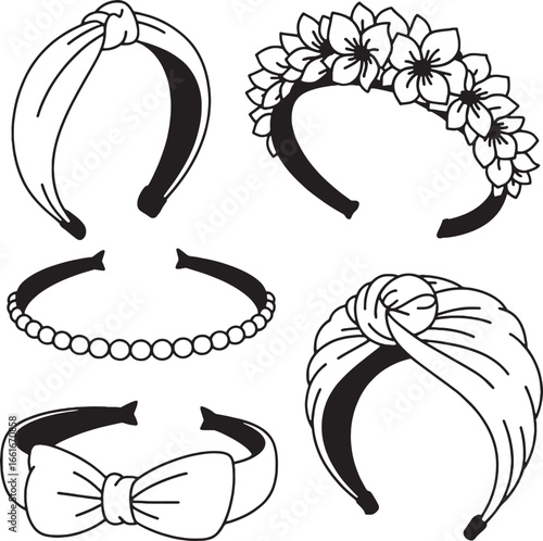 Collection of five black and white illustrations of headbands and hair accessories hair accessory hairband