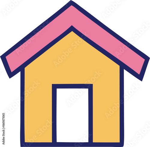 Simple cartoon house icon with yellow walls and pink roof cozy dwelling symbol for children and home related designs