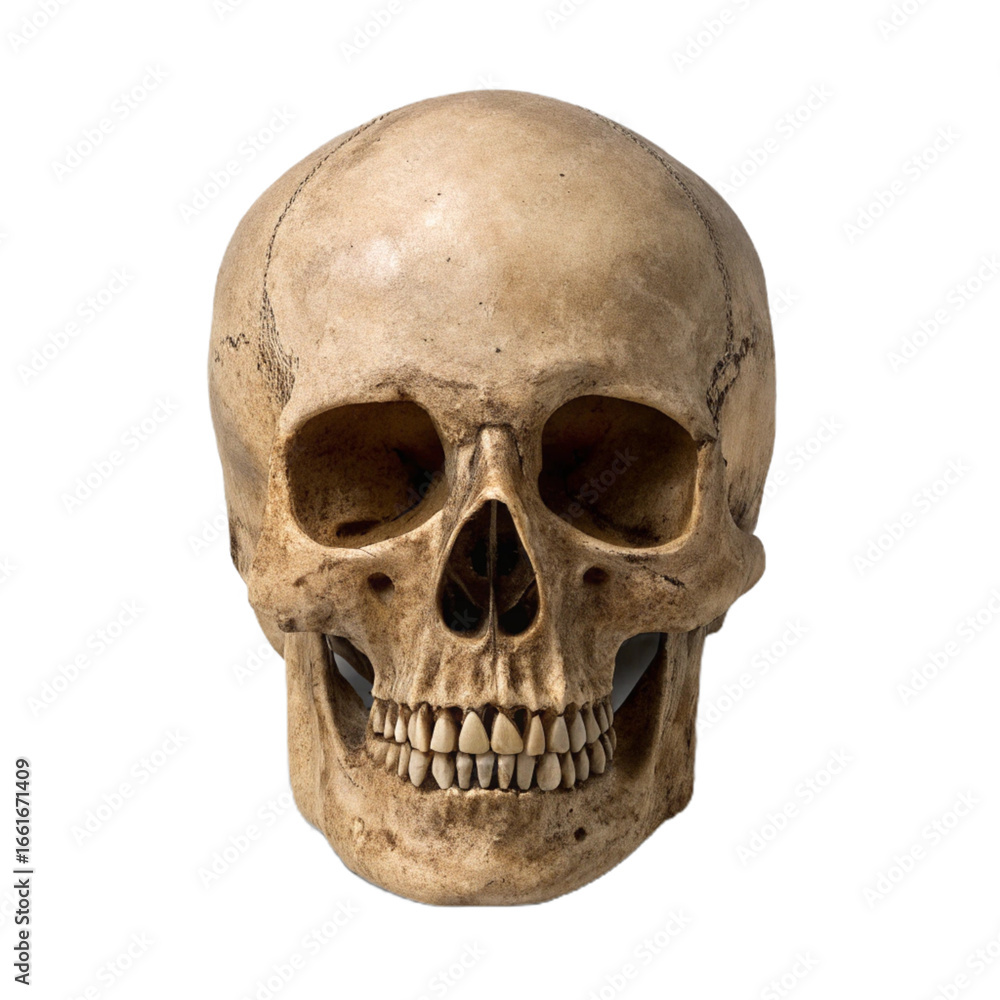 Fototapeta premium Human skull isolated on white background with clipping path. Front view. isolated on transparent background.