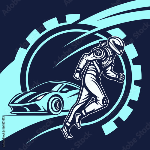 Racing driver and car with gear symbol representing speed and competition