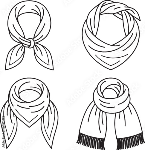 Four outline drawings of different scarf tying styles on a white background neckerchief bandana