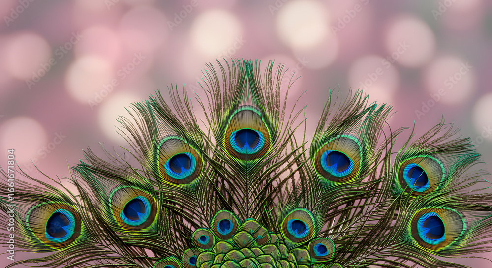 Fototapeta premium Peacock Feather Display: A stunning array of vibrant peacock feathers, showcasing their intricate patterns and iridescent hues against a soft bokeh backdrop, evokes a sense of wonder and beauty.