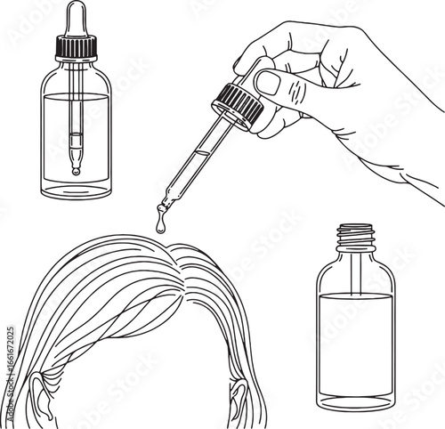 Hair Care Routine with Oil Bottles and Dropper