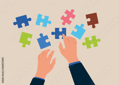 Brainstorm. Cooperation, discussing with puzzle pieces above their heads. Teamwork and unity.  Modern vector illustration in flat style