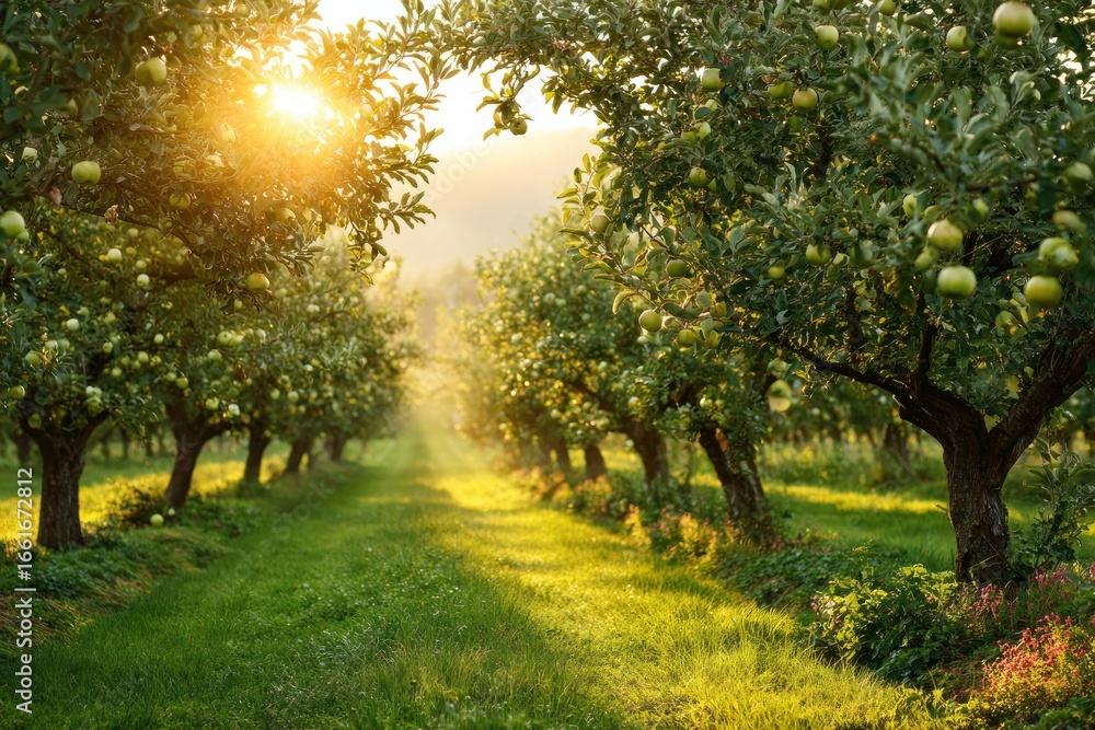 Fototapeta premium Sunlit orchard path in rows of trees.