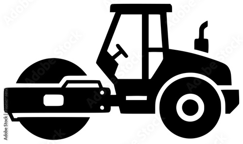 Road roller moving slowly and crushing rocks on construction site with big wheels