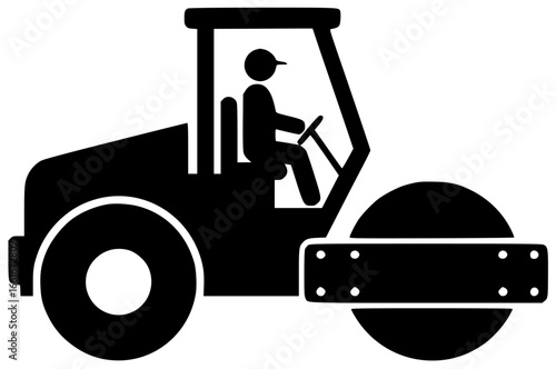 Road roller moving slowly and crushing rocks on construction site with big wheels