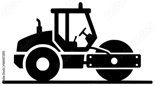 Road roller moving slowly and crushing rocks on construction site with big wheels