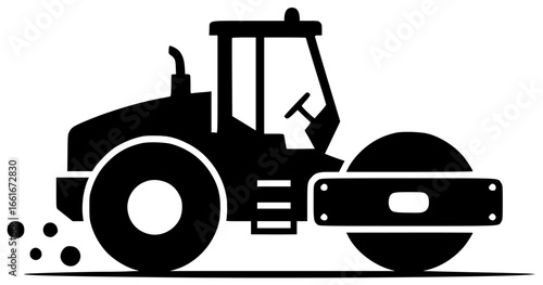 Road roller moving slowly and crushing rocks on construction site with big wheels