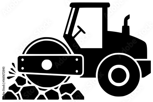 Road roller moving slowly and crushing rocks on construction site with big wheels