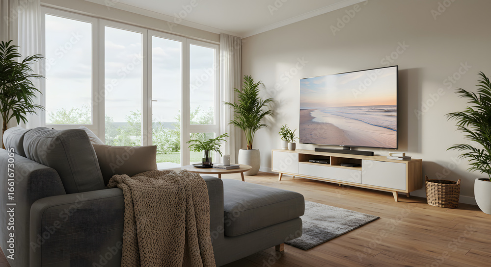 Fototapeta premium Serene Living Room: A modern and inviting living room, flooded with natural light, offers a harmonious blend of comfort and elegance. The space is tastefully furnished.