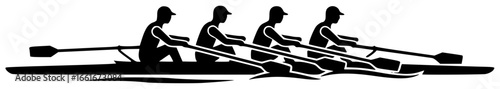 rowing boat on calm lake with rowing crew in action and athletes in motion racing
