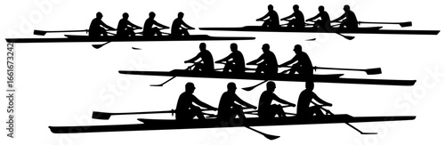 rowing boat on calm lake with rowing crew in action and athletes in motion racing
