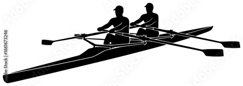 rowing boat on calm lake with rowing crew in action and athletes in motion racing