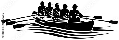 rowing boat on calm lake with rowing crew in action and athletes in motion racing