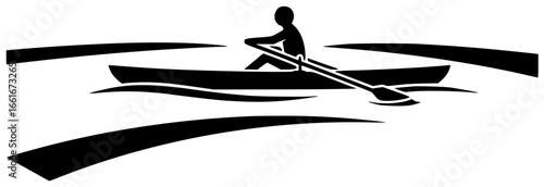rowing boat on calm lake with rowing crew in action and athletes in motion racing