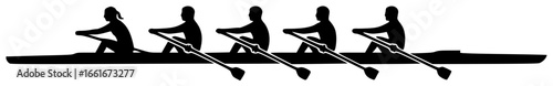 rowing boat on calm lake with rowing crew in action and athletes in motion racing