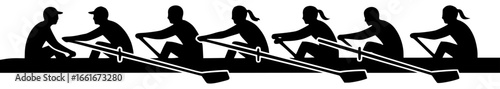 rowing boat on calm lake with rowing crew in action and athletes in motion racing