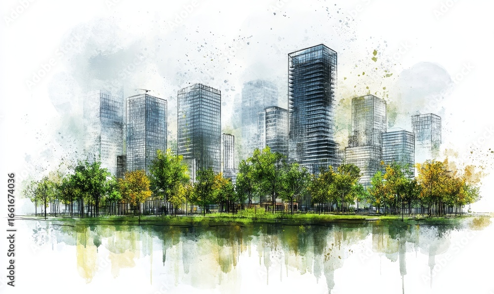 Obraz premium Sketch of green architecture for a sustainable development project, emphasizing energy efficiency, resource conservation, and harmony with nature. The image represents eco-friendly, Generative AI