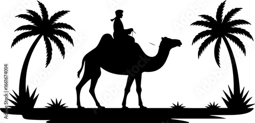a black silhouette illustration of a person riding a camel through a desert oasis