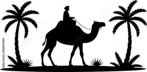 a black silhouette illustration of a person riding a camel through a desert oasis