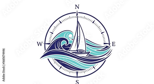 Stylized Sailboat Navigating Ocean Waves Within a Compass Rose, Nautical Design