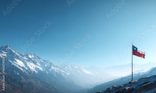 Chile flag waves atop a snowy mountain under a clear blue sky.