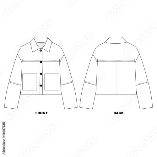 Illustration of a bomber jacket with a collar and pockets, front and back views. Template for a basic windbreaker jacket, vector