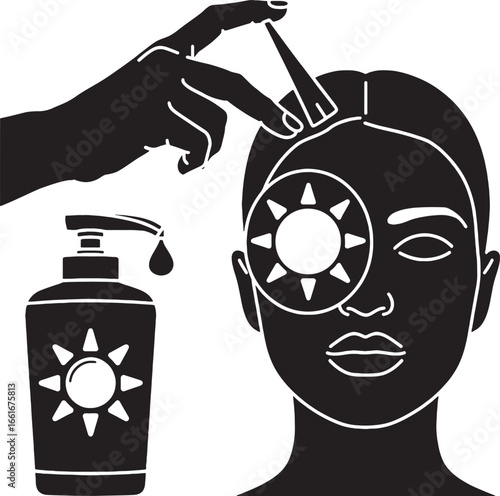 Sunscreen Application on Face with Sun Symbol Bottle sun protection woman