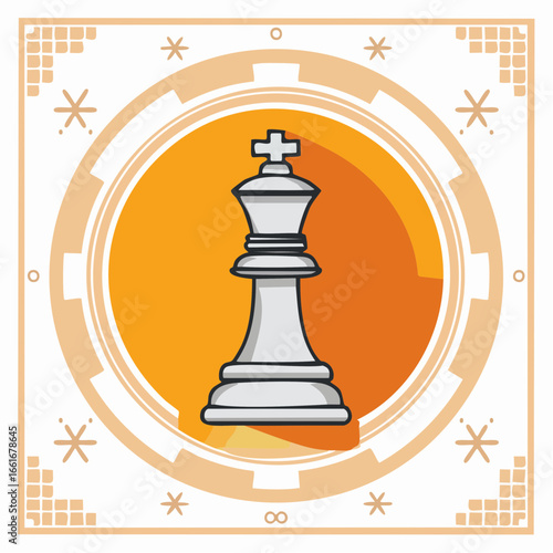 Stylized white chess king piece vector illustration in orange circular frame with decorative elements