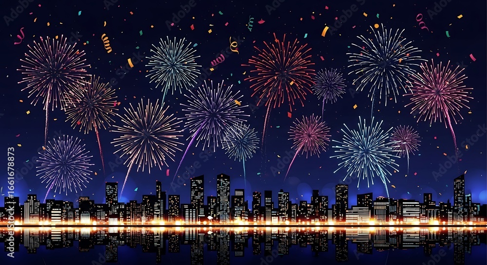 Fototapeta premium Vibrant Fireworks Exploding Over City Skyline Reflected in Water at Night