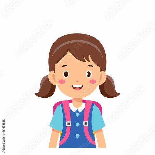 Happy schoolgirl with pigtails and backpack, cartoon illustration