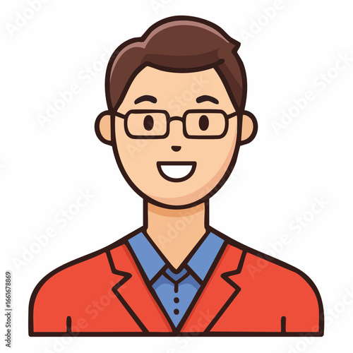 Cartoon Style Man with Glasses Wearing a Red Blazer and Blue Shirt Smiling Illustration