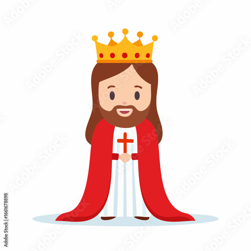 Cartoon Illustration of a King Character with Crown, Red Robe, and White Dress