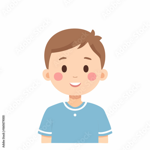 Happy smiling cartoon boy illustration with cheerful expression and brown hair wearing a blue shirt