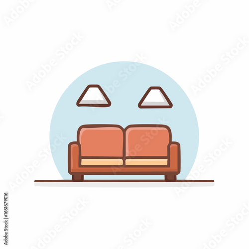 Simple Icon Illustration of Sofa with Wall Decorations in Room Interior Decor Concept