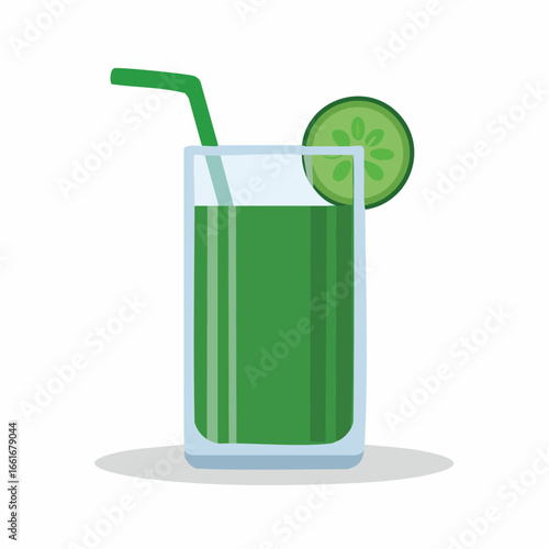 Refreshing green cucumber juice with a straw and slice in a tall glass