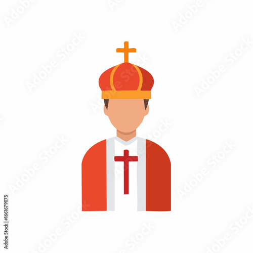 Stylized religious leader portrait wearing red ceremonial vestments and ornate crown with crosses