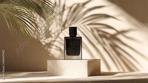 Wallpaper Mural Elegant Dark Perfume Bottle Displayed on a Light Plinth with Palm Shadows Torontodigital.ca