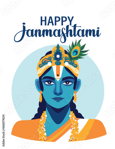 Happy Janmashtami! Vector bright portrait of Indian deity Krishna with peacock feather. Suitable for Janmashtami, Holi, Gita Jayanti, and also for posters, banners, cards, avatars