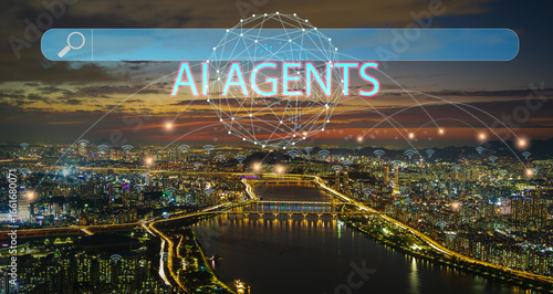 Canvas Print AI agents concept with digital network sphere over Seoul city skyline at night t
