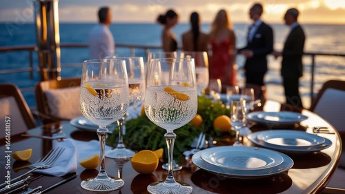 Elegant dinner table with wine glasses, citrus fruits, and plates on luxury yacht deck at sunset with people socializing near ocean view