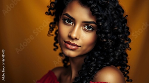 Studio portrait of young brown-skinned woman with curly hair on golden background, elegant pose, room for text on upper right

