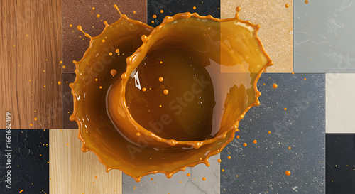 Liquid Cascade on Textures: A dynamic, high-angle view captures the moment of impact as a fluid cascade splashes onto a surface showcasing a variety of different textures.