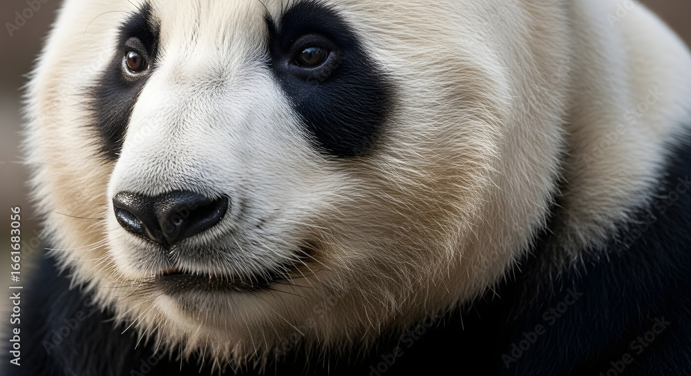 Obraz premium Close-up portrait of a giant panda bear with black eye patches.