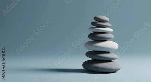 Zen Tower in Tranquility: A balanced tower of smooth stones embodies serenity, symbolizing harmony and peace in a minimalist display. 