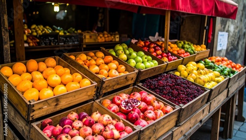 Fototapeta Naklejka Na Ścianę i Meble -  Fresh produce stall overflowing with colorful fruits